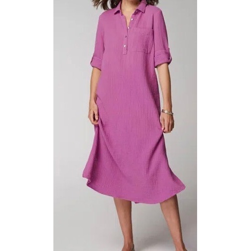 J.Jill Pink Cotton Double Gauze Midi Shirt Dress Roll Tab Sleeve Womens Xs